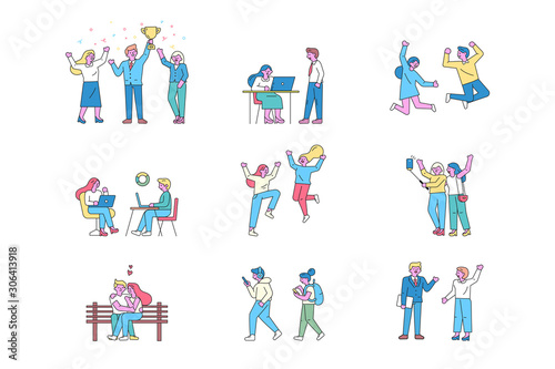 Different people line art vector set. Happy people spending time together. Talking, walking, making selfie, chatting. Friendship. Flat vector cartoon characters isolated on white background.