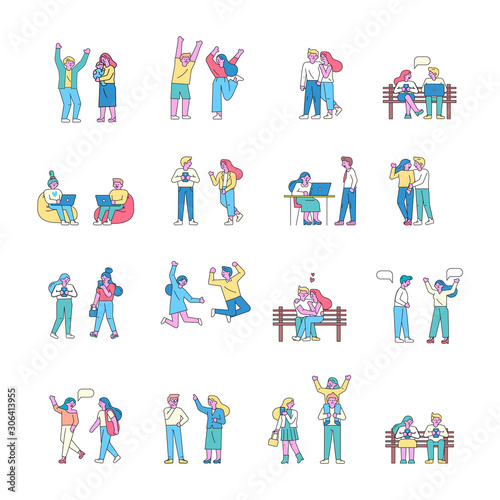 Different people line art vector set. Happy people spending time together. Talking, walking, making selfie, chatting. Friendship. Flat vector cartoon characters  isolated on white background.