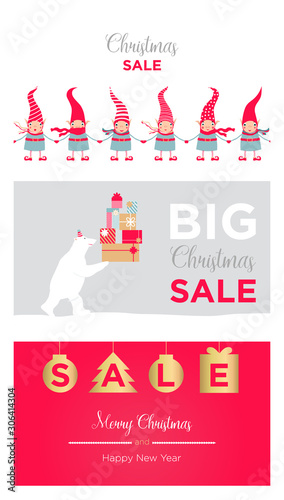 Set vector illustration with Christmas sale banner. Big discount, cute elves and polar bear, gifts. Template for advertising banner, poster, website screen.