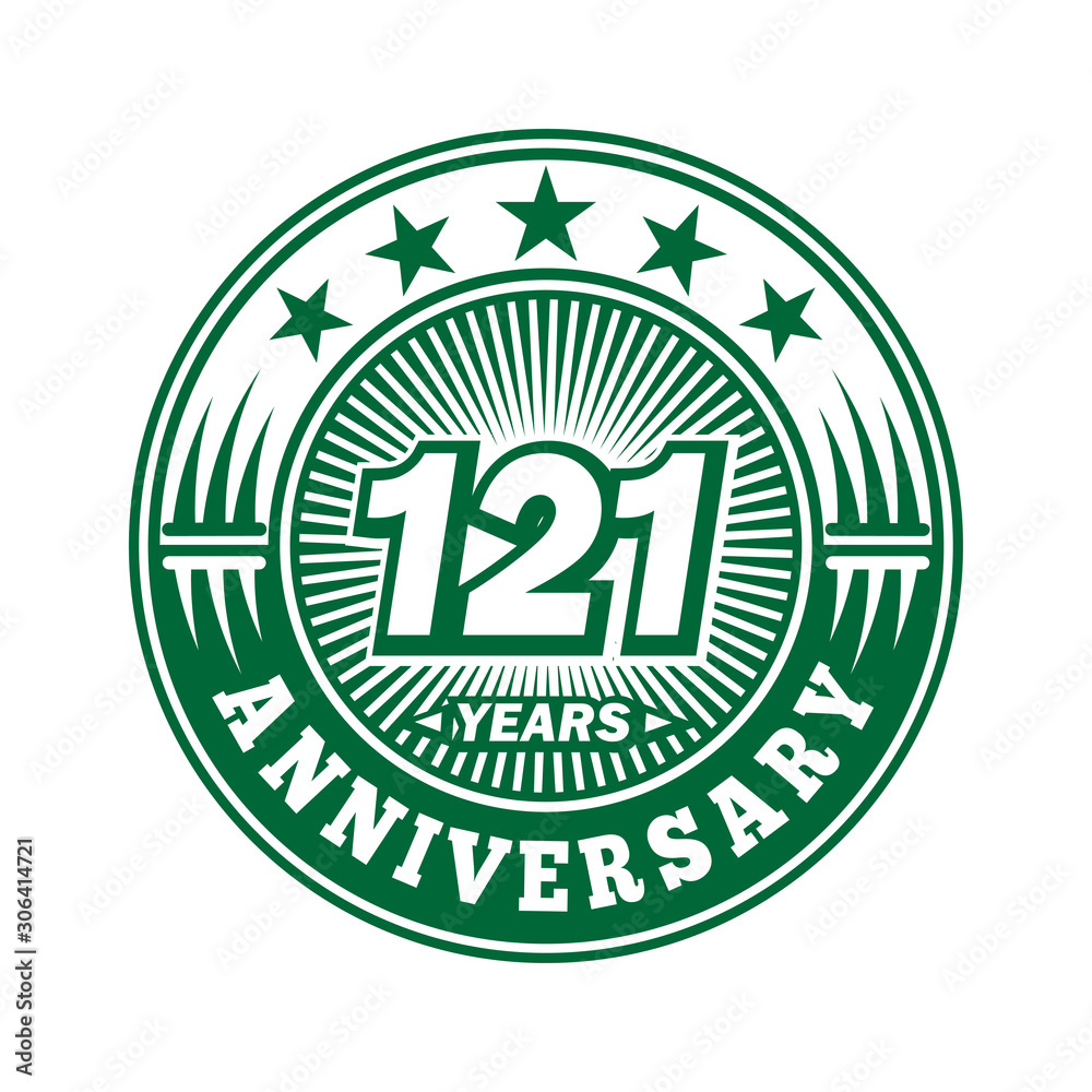 121 years logo. One hundred twenty one years anniversary celebration logo design. Vector and illustration.