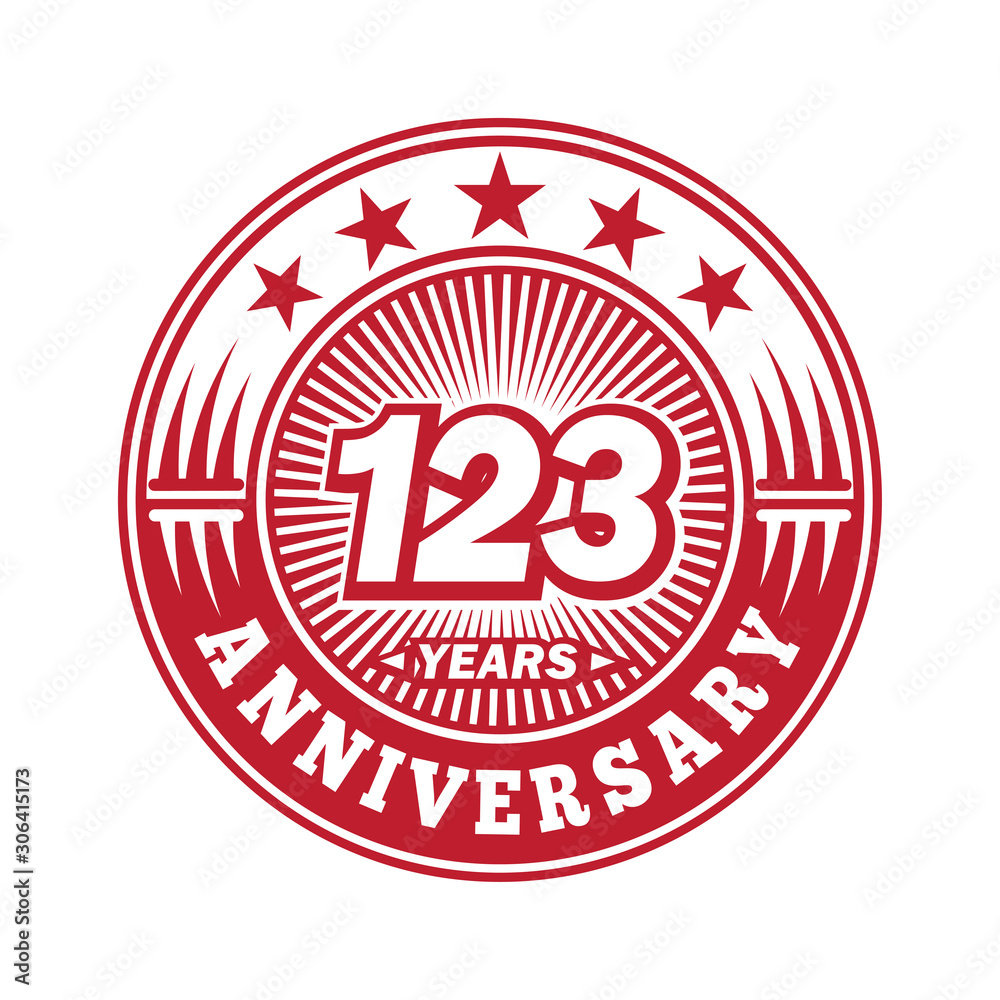 123 years logo. One hundred twenty three years anniversary celebration logo design. Vector and illustration.