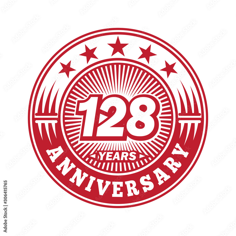 128 years logo. One hundred twenty eight years anniversary celebration logo design. Vector and illustration.
