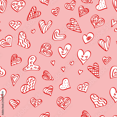 Seamless pattern with hand drawn red and white heart shapes. Outline doodle elements on pink background. Vector illustration.