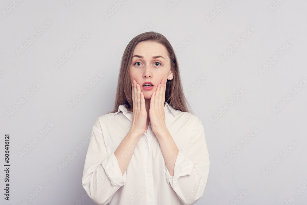 Amazed woman, young girl open mouth widely, react on sudden news Amazed woman, young girl open mouth widely, react on sudden news