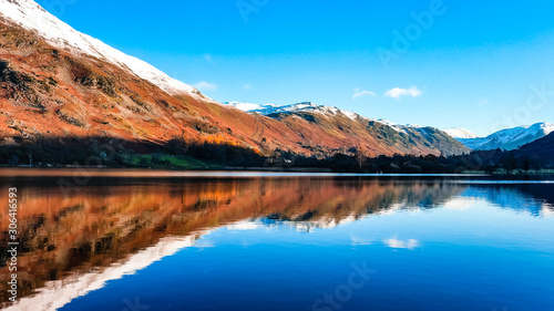 Ullswater, Lake District with mountain reflections in the lake on a calm day with still waters. Snow capped mountains surrounding the second largest lake in the Cumbria, UK.