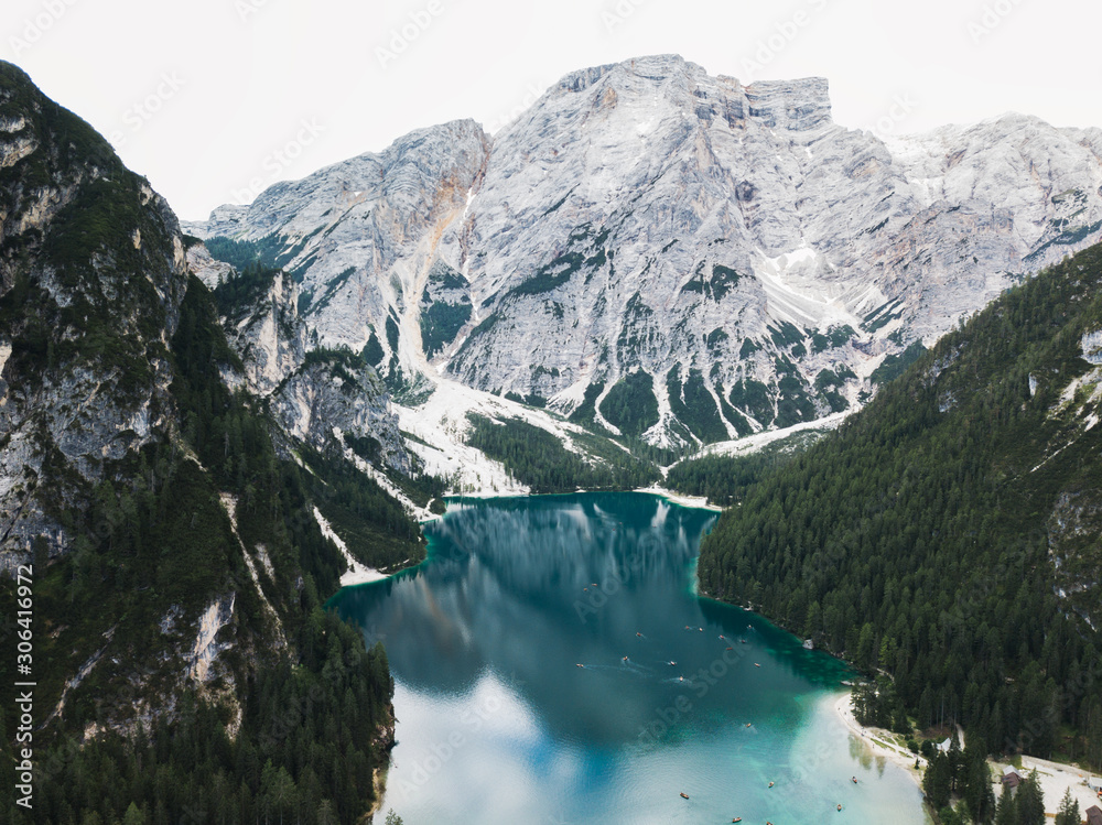 Panoramic view of Lake Braies in the mountains. Aerial nature landscape
