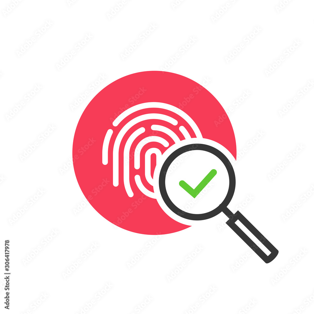 Fingerprint identification check or access approved vector icon, line outline art design of thumb print and magnifying glass with checkmark symbol, accepted identity scan circle red pictogram Fingerprint identification check or access approved vector icon, line outline art design of thumb print and magnifying glass with checkmark symbol, accepted identity scan circle red pictogram