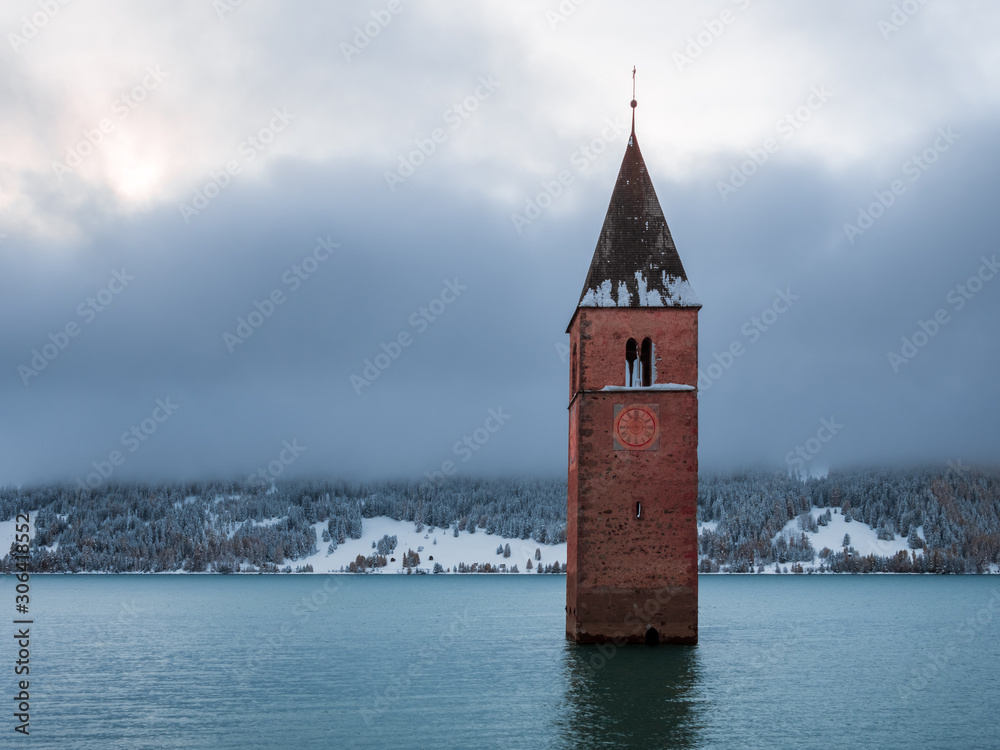 Church Tower at the Reschensee during Winter
