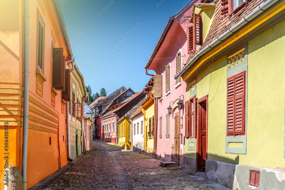 old streets with colorful houses - obrazy, fototapety, plakaty 