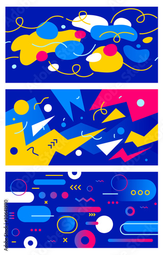 Vector set of creative abstract illustration with sharp and round geometric shape on blue background.