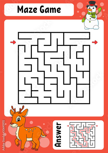 Maze. Game for kids. Funny labyrinth. Education developing worksheet. Activity page. Puzzle for children. Cute cartoon style. Riddle for preschool. Logical conundrum. Color vector illustration.