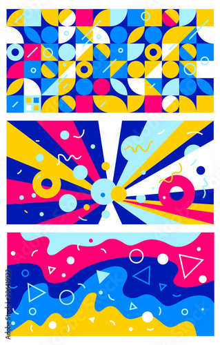 Vector set of creative abstract illustration with geometric wave and shape on color background.