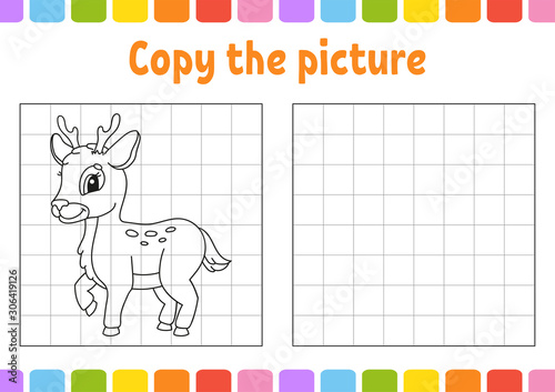 Copy the picture. Coloring book pages for kids. Education developing worksheet. Game for children. Handwriting practice. Funny character. Cute cartoon vector illustration.