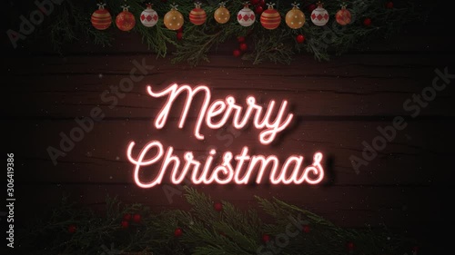 Merry christmas neon sign background resolution concept with wood table