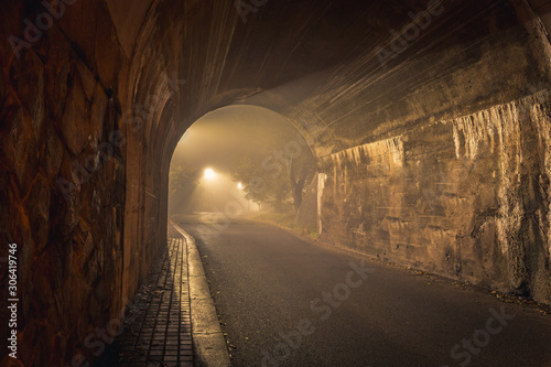 The Tunnel. Way out with spooky mist and fog at night.