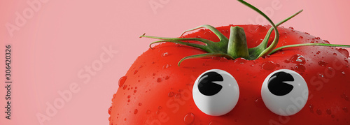 Fototapeta Creative concept with tomato. Red tomato with eyes in cartoon style. 3d rendering illustration.
