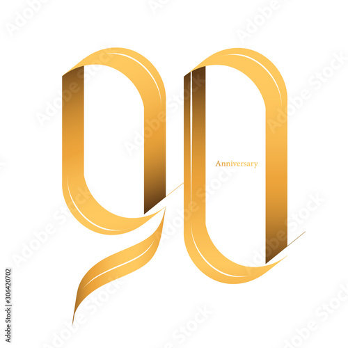 Handwriting celebrating, anniversary of number 90 90th year anniversary, Luxury duo tone gold brown for logo, icon, decorate, invitation card, birthday, backdrop, label or stationary
