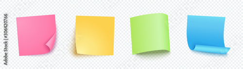 Post note of paper set yellow, blue, pink and green colors with different shadow. Blank post for message, to do list, memory. Set of vector sticky notes isolated on transparent background.