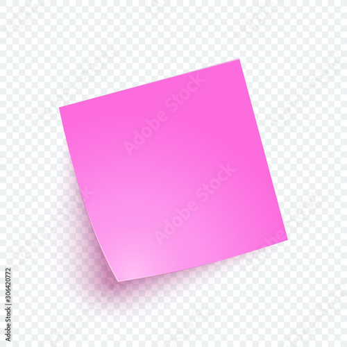 Pink note paper with shadow, sticker note for reminding, list, info. Vector realistic 3d blank post illustration on transparent background.
