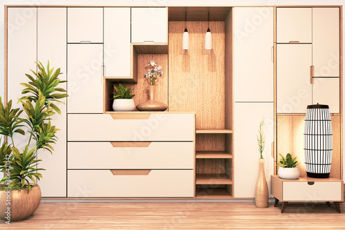 Design Cabinet shelf wooden japanese style on Empty room minimal .3D rendering photo