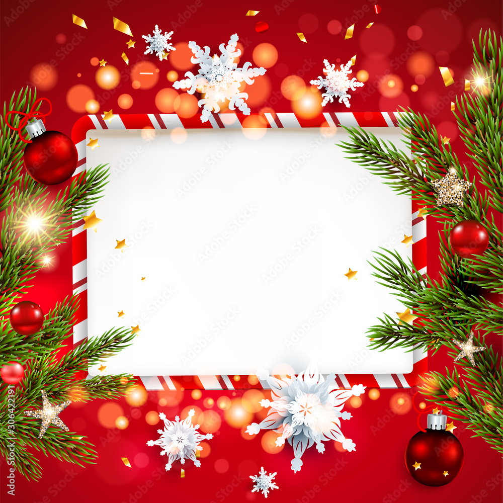 Red template with Christmas tree branches Red template with Christmas tree branches