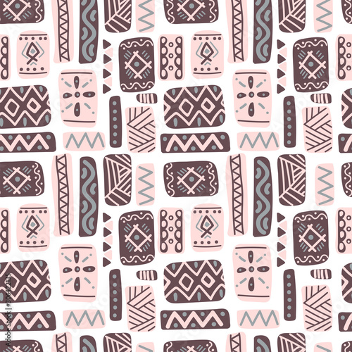 Seamless folk art pattern in Scandinavian style. Nordic ornament background with runes and decorative elements. Folklore vector illustration. Perfect for wrapping paper, wallpaper, textile design photo