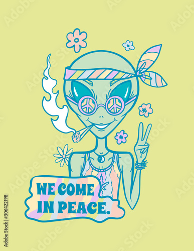 alien with a jamb and an inscription: we came in peace, hippie alien