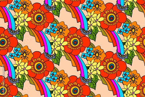 seamless pattern with bright flowers in the style of the 70s