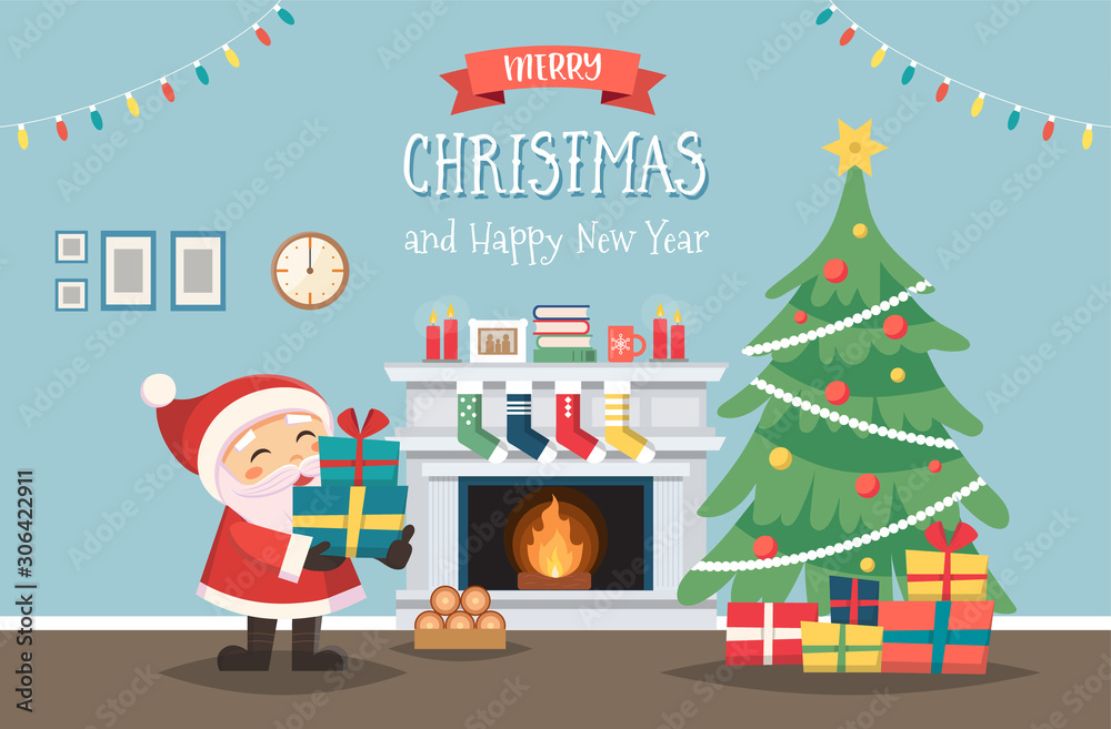 Santa Claus with Christmas tree and gifts. Decorated interior with fireplace. Cute vector illustration in flat style