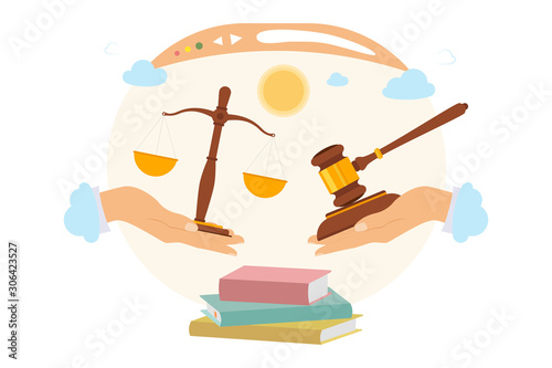 Idea of internet activity in cartoon style. Online legal system, dispute resolution, judicial system. Vector illustration.