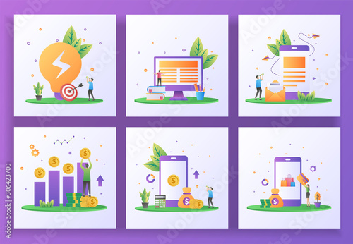Set of flat design concept. Business solution, Online learning, Email marketing, Return On Investment, Online banking, Online payment. Suitable for web landing page, ui, template. Vector Illustration