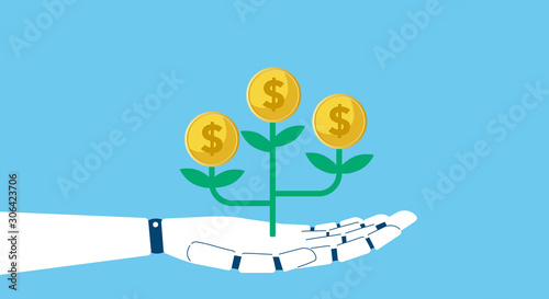 生成AI・RPA・自動化と投資成長イメージ ロボットの手とマネーツリー ビジネス概念 ベクター