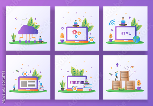Set of flat design concept. Cloud computing, Maintenance, Web development, E-Learning, Online education, Logistic Distribution. Suitable for web landing page, ui, banner template. Vector Illustration