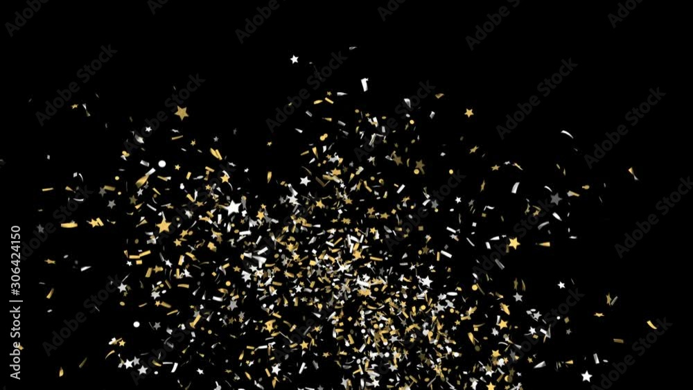 Gold festive confetti explosion falling down on a black and green background. Slow motion footage.