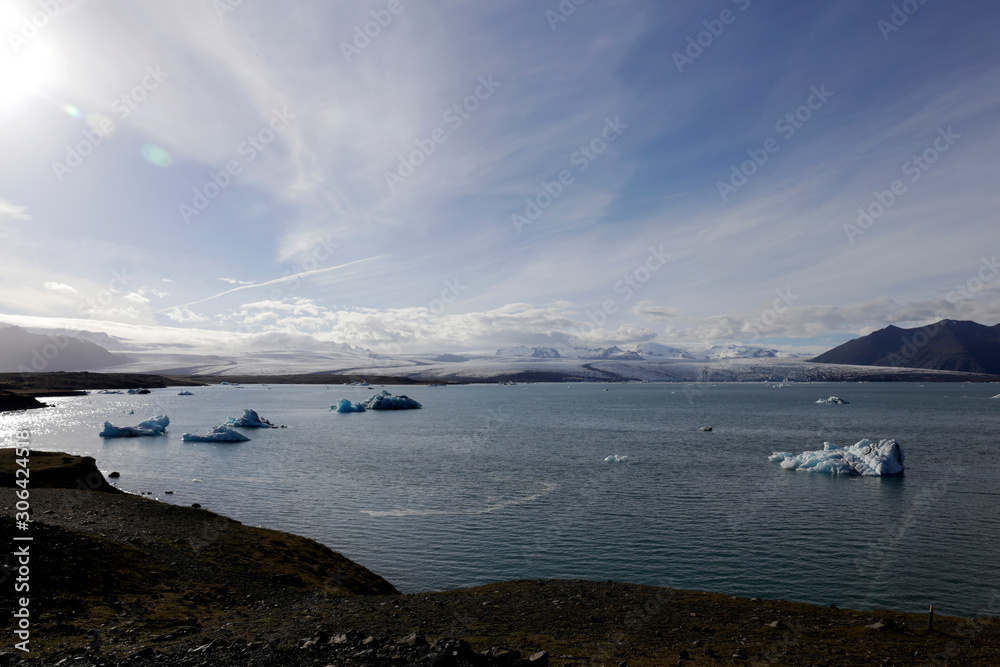 Jökulsárlón glacier lagoon in Iceland. Beautiful cold landscape picture of Icelandic glacier lagoon bay.