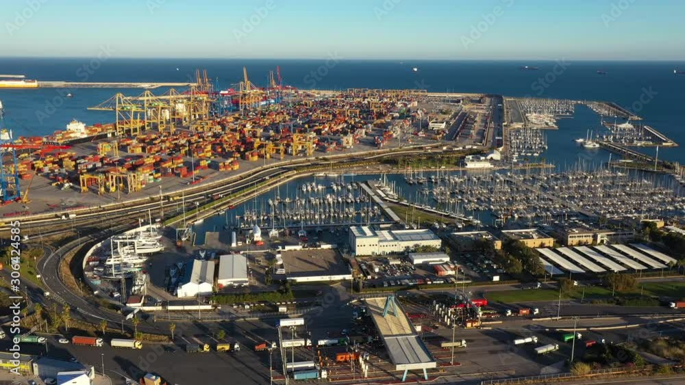 Commercial and leisure harbour Port of Valencia Spain aerial view cargo transportation containers Commercial and leisure harbour Port of Valencia Spain aerial view cargo transportation containers