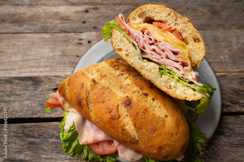 Canvas Print Ham and cheese sub sandwich with artisan bread