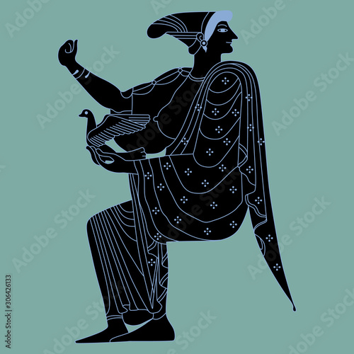 Seated ancient Greek goddess or woman holding a dove. Hera or Aphrodite. Vase painting style.	