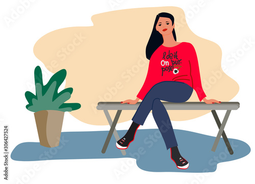 Young woman sitting on a bench vector illustration. Lecture listener concept. On a lesson, conference, training course. Having spare time concept. Waiting concept