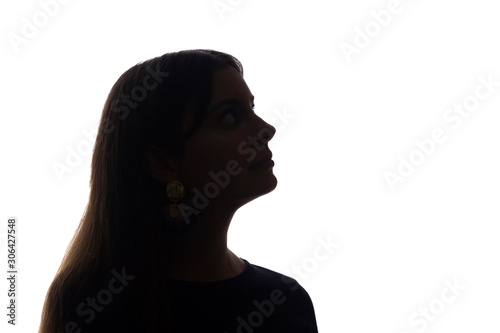 Portrait beautiful young girl looking up concept - silhouette, isolate
