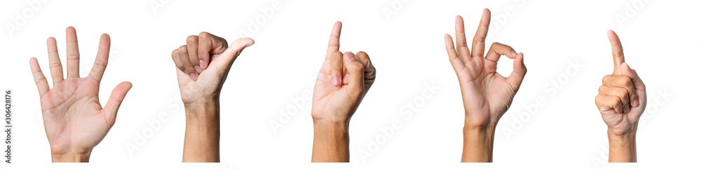 Male hand gesture and sign collection isolated over white background, set of multiple pictures Male hand gesture and sign collection isolated over white background, set of multiple pictures