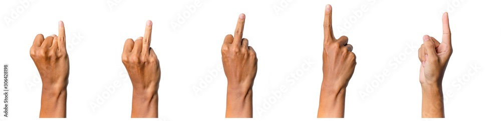 Male hand gesture and sign collection isolated over white background, set of multiple pictures Male hand gesture and sign collection isolated over white background, set of multiple pictures