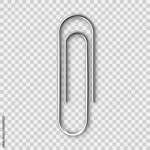 Realistic metal paper clip isolated on transparent background. Page holder, binder. Vector illustration. photo
