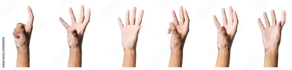 Male hand gesture and sign collection isolated over white background, set of multiple pictures Male hand gesture and sign collection isolated over white background, set of multiple pictures
