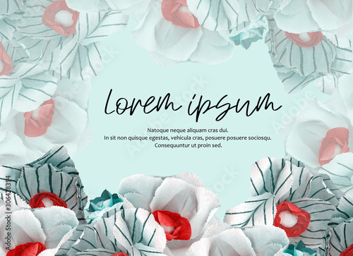  Handmade crepe paper flowers, on a plain background. Mockup for business cards, invitations and posters.