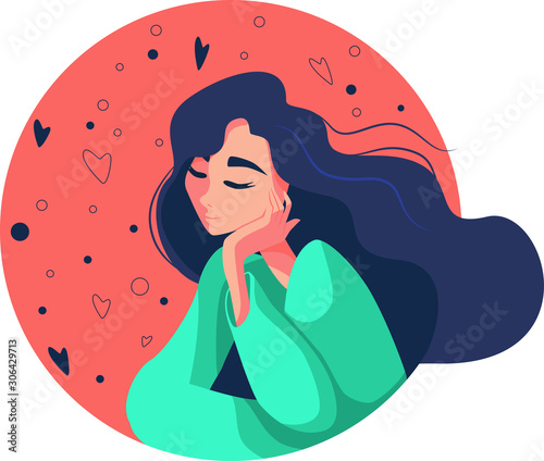 Young woman with flying hair dreams. Flat vector illustration