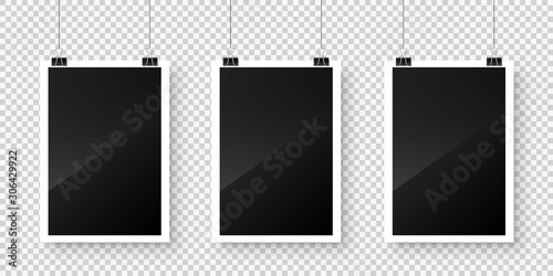 Photo card frame, film hanging on paper clips with transparent background. Digital snapshot image. Photography art. Photograph template or mockup for design. Vector illustration.