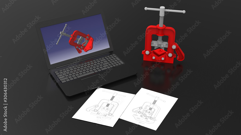 3D rendering - design a mechanical vice on a laptop
