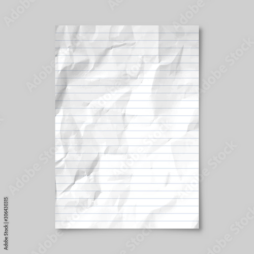 Realistic blank lined crumpled paper sheet with shadow in A4 format isolated on gray background. Notebook or book page. Design template or mockup. Vector illustration.