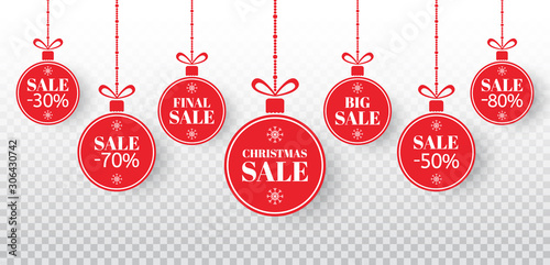 Christmas sale label set. Red xmas balls with sign special offer, final, big sale. Merry Christmas and New Year paper tags sale. Holiday discount, shopping promotion. Vector illustration